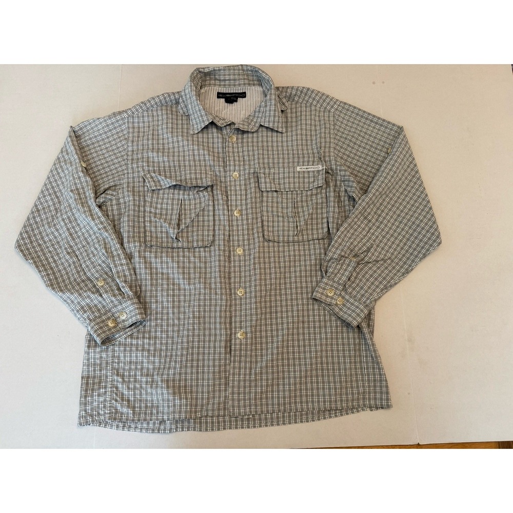 ExOfficio Shirt Mens Large Button Down Gray Plaid Roll Sleeve‎ Outdoor Vented